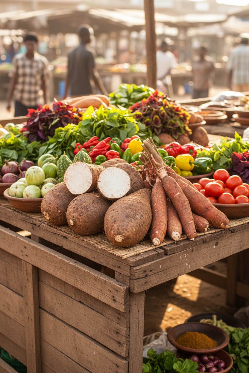 A wooden market stall displays a variety of fresh produce, including yams, tomatoes, peppers, and leafy greens, with people blurred in the background.